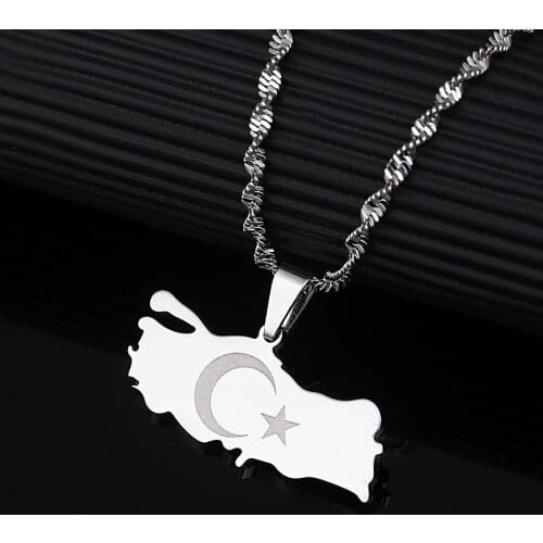Stainless Steel Trendy Silver Color Turkey Map Pendant Necklace Women Turkish Charm Jewelry
