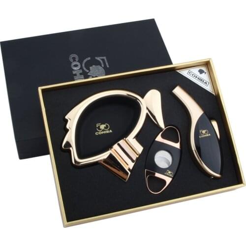 COHIBA High grade black cigar set with Cartoon avatar shape ashtray ,cutter and lighter good gift for friend