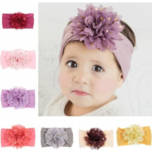 Yundfly 10pcs/lot Gold Dot Chiffon Flower Baby Headband Newborn Knot Wide Nylon Headwraps Girls Headwear Kids Photo Props