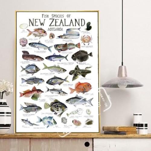 Fishes Species of New Zealand Seafood Poster Vintage Retro Canvas Painting DIY Wall Paper Posters Home Gift Decoration