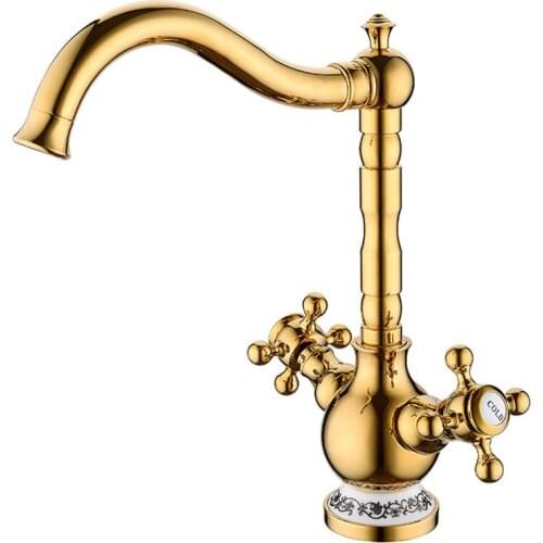 Kitchen Sink Faucet Hot & Cold Brass Basin Faucet Ceramic Base Dual Handle Deck Mounted Sink Mixer Crane Tap Free Shipping