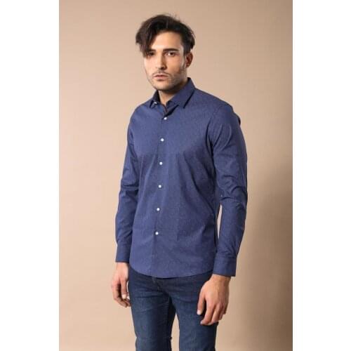Navy Blue Floral Patterned Slim Fit Shirt