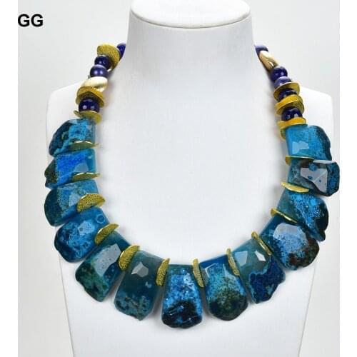 GuaiGuai Jewelry 21" Top-drilled Fancy Blue Agates Polished Gems Gold Color Plated Charm Necklace
