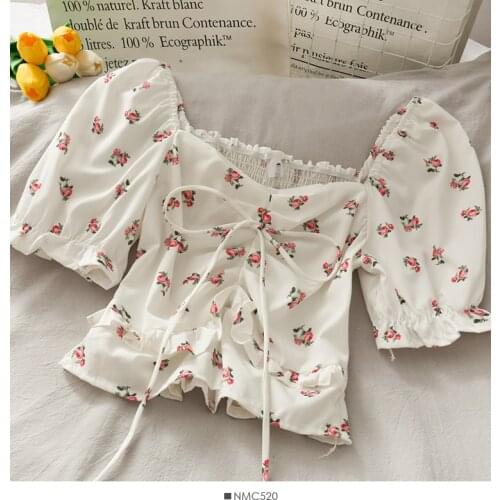 Sweet little flower square neck puff sleeve waist folds strapless short shirt women