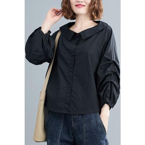 Women Loose Casual Blouses Shirts New Arrival 2021 Spring Simple Style Peter Pan Collar All-match Female Cotton Tops S2860