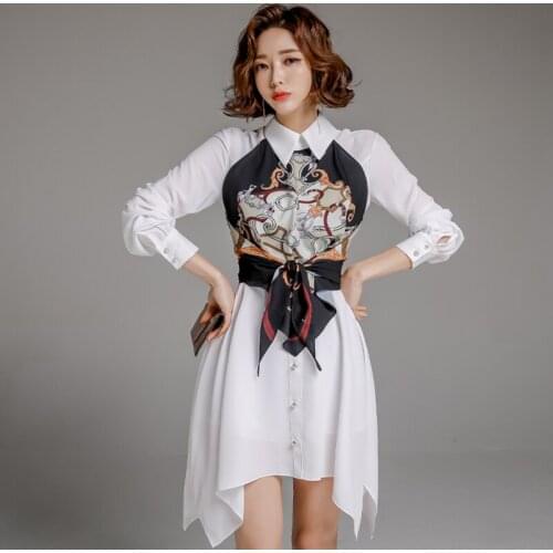 Women One-Piece Korean Style Temperament Turn-down Collar Long Sleeve Print Single-Breasted Shirt Dress Lace-Up 2021 Spring New