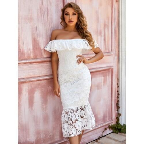 High Quality Elegant Sexy Off Shoulder Embroidery White Lace Bandage Dress Women Sexy Straples Backless Mermaid Dress
