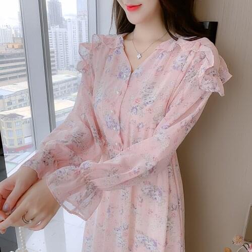 2021 New Spring Chiffon Long Sleeve Dress Fairy Floral Printed Dress Female V-Neck Flare Sleeve Office Lady Slim Waist Korean