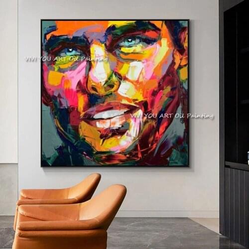 100% Handmade Bright color canvas modern thick Palette knife men Face Oil painting wall picture for living room decor