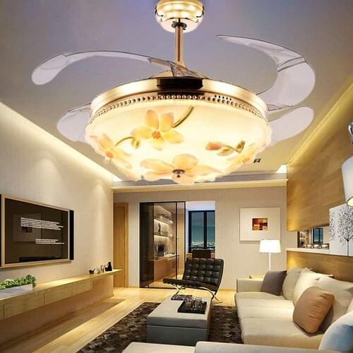 42 Inch Invisible Modern Ceiling Fans with LED Light and Remote, Indoor Ceiling Light with 4 Retractable ABS Blades Fans