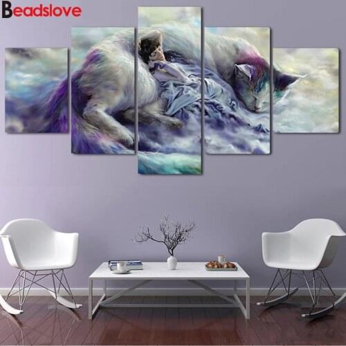 Diy Diamond Painting 5 Panel Fantasy art cat and beauty Full Square Round Drill 5D Diamond Embroidery Mosaic Rhinestones Decor