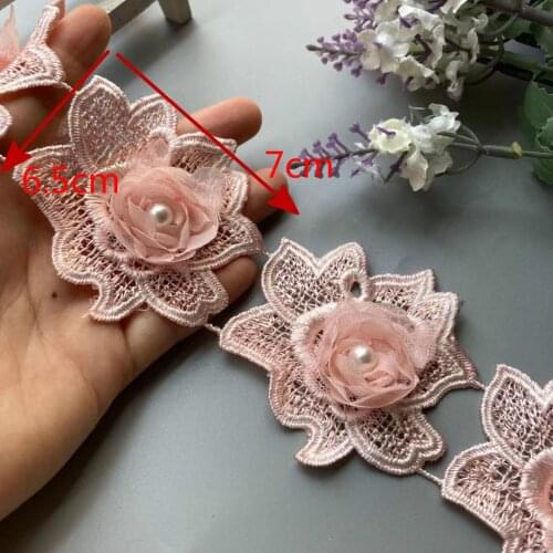 10X Pink 7 X 6.5 cm Rose Pearl 3D Flower Tassel Lace Edge Trim Ribbon Fabric Embroidered Applique Sewing Craft Wedding Dress New