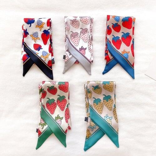 KOI LEAPING aesthetic Strawberry long silk scarf female multi-function decorative scarf headband tie wrist strap bag belt