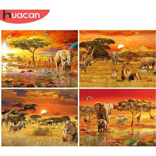 HUACAN Diamond Painting Elephant Animal Handicraft Full Square Round Diamond Embroidery Lion Mosaic Sunset Needlework Home Decor