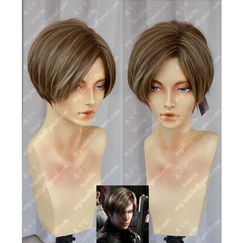 Movie Biohazard Leon Scott Kennedy Short Brown Color Highlights Styled Heat Resistant Hair Cosplay Costume Wig + Free Wig Cap