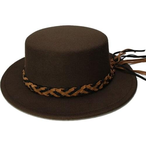 LUCKYLIANJI Kid Child Vintage 100% Wool Wide Brim Round Cap Pork Pie Porkpie Bowler Hat Twist Braid Leather Band (54cm/Adjust)