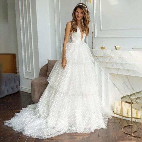 Tiered Dotted Tulle Deep V-Neck Bridal Ball Gowns Custom Made Off White Puffy Custom Made Backless Racerback Wedding Dress