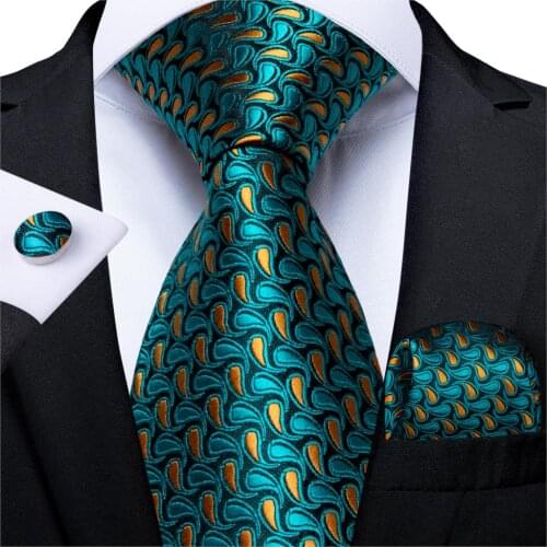 Fashion Men Tie Teal Blue Paisley Silk Wedding Tie For Men Hanky Cufflinks Gift Tie Set DiBanGu Novelty Design Business MJ-7330