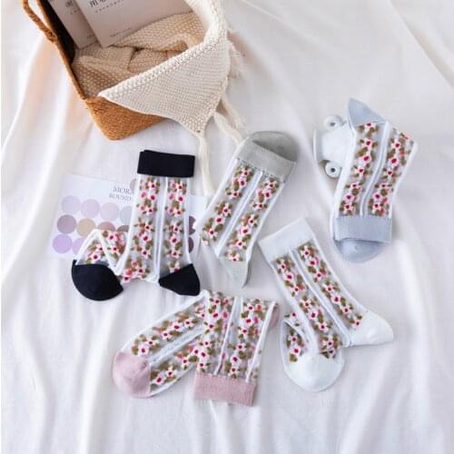 New Fashion Harajuku High Quality Creative Crystal Silk Tide Socks Full page flower Glass Silk Women Socks
