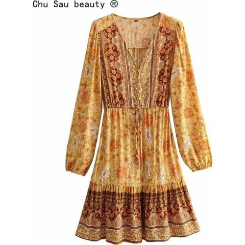 New Summer Vintage Chic Women Hippie Floral Print V-neck Bohemian Mini Dress Sladies Puff Sleeve Boho Babydoll Dress Vestidos