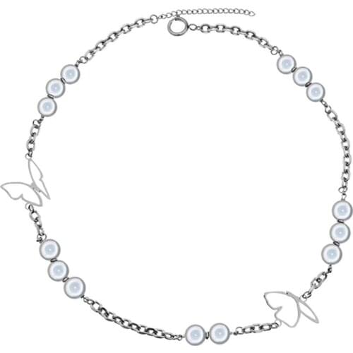 Hip Hop Stainless Steel Statement Butterfly Insect Reflective Pearl Women Fashion Necklace Jewelry Street Dance Gift For Him