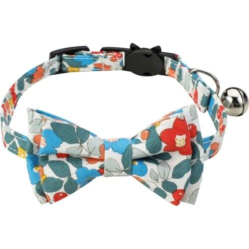 Yellow Blue Pink De Mascota Cotton Pet Dog Cat Collar Flower Printing Removable Bow Bell