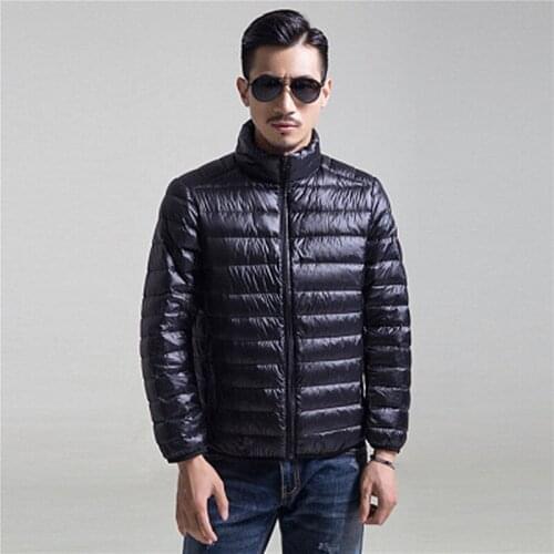 Winter White Duck Down Long Sleeve Men Stand Collar Big Yards Pure Color Thin Section Casual Down Jacket