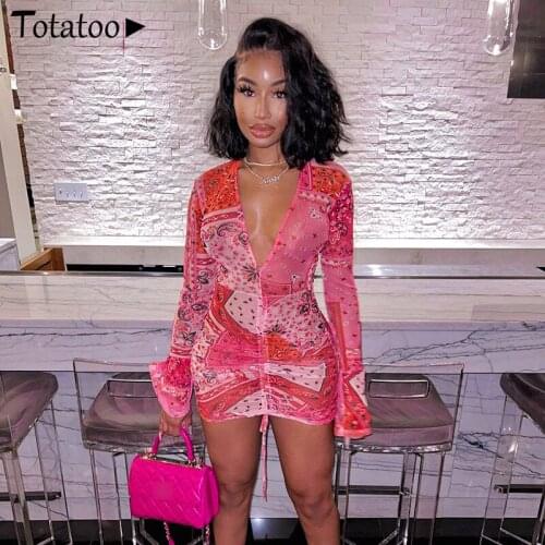 Totatoop Deep V Neck Ruched Drawstring Print Party Dress Women 2021 Mesh Sheer Flare Long Sleeve Transparent Club Sexy Dress