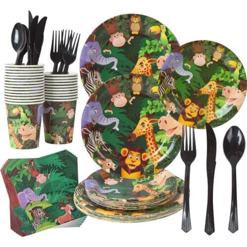 Jungle Animal Party Supplies Safari Birthday Theme Plates Cups Napkins Sets Cutlery Decorations for Kids Animals Baby Shower