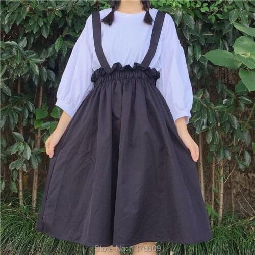 Spring Suspender Skirt Harajuku Lolita Mori Girl Style Skirts Preppy Style A Line Women Midi Skirt saias