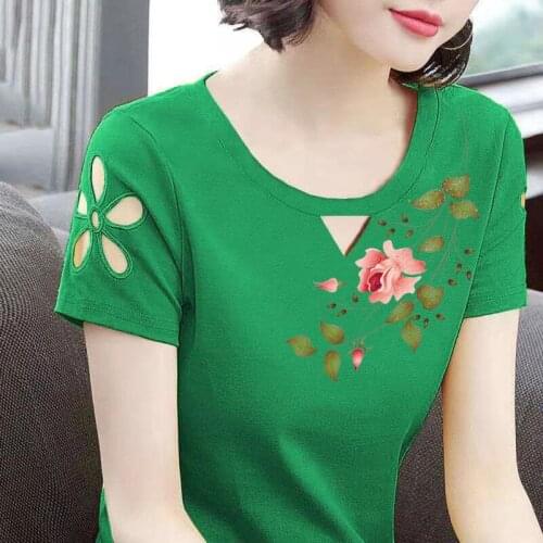 Middle-aged Women Short Sleeve T Shirt Summer Hollow Print Plus Size 4XL Loose Casual Women Cotton T-Shirt Female Tops X227