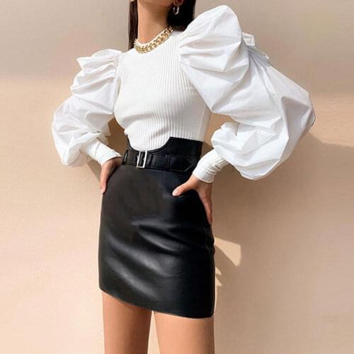 2021 Retro Womens Long Puff Sleeve Blouse Shirts Spring Fall Black White Solid Fashion Elegant Blouses And Tops Female Clothes