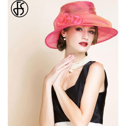 FS Summer Hats For Women Organza Sun Hat Beach Party Wedding Big Flowers Wide Brim Fedora Lady Fascinator Derby Black Cap