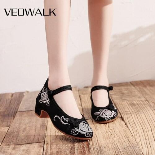 Veowalk Spring Women Jacquard Cotton Fabric Embroidery Low Heel Shoes Comfortable Retro Ladies Casual Mary Jane 4cm Block Pumps