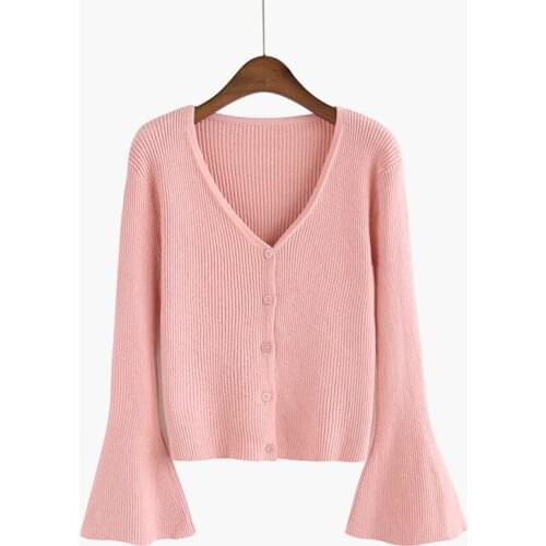 Short Style Knitted Cardigan Women 2019 Autumn Fall Bell Flare Sleeve Sweater Female V Neck Single Breasted Short Cardigans
