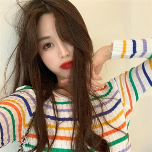 Woman Sweaters Long Sleeve Ice Silk Sweater Womens Early Autumn Striped Innerwear Tight Top