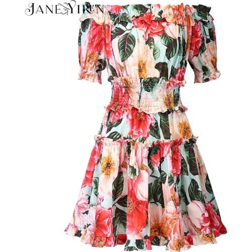 Janeyiren New 2021 Fashion Designer Summer Short Cotton Dress Women Slash neck Elastic waist Floral print vintage Mini Dress