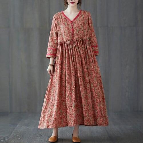 Women Cotton Linen Casual Dress New Arrival 2021 Spring Vintage Style V-neck Print Loose Comfortable Female Long Dresses S3389