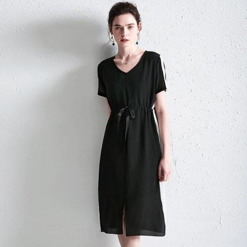 V Neck Black White Silk Crepe Dresses Women Fashion 2021 Summer Long Casual Sexy Office Work Daily Dress Plus Size Slim Belt