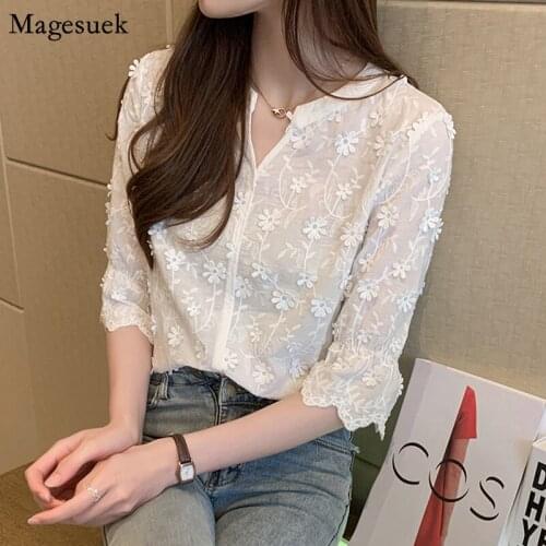 2021 Fashion Summer Blouses Women New Embroidery Floral Cotton White Blouse Casual Short Sleeve Lace Womens Shirt Blusas 9638