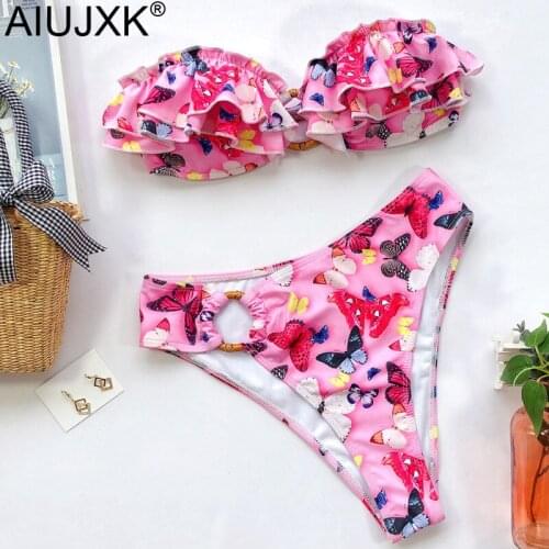 AIUJXK New 2021 Butterfly Print Ruffles Swimwear Women Summer Lingerie Set Beach Wear Off Shoulder Biquini Woman Bathing Suit