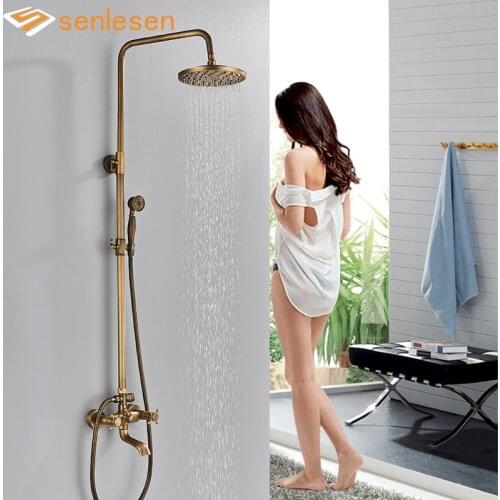Senlesen Antique Brass Bathroom Shower Set Faucet With Shelf 8" Rainfall Head and Handshower Wall Mounted Hot and Cold Mixer Tap