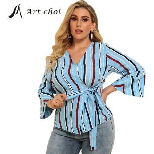 Spring Autumn Blue Stripe Shirts Petticoat Women Bowknot Bow Tops Blouses V-Neck Casual Slim Blusas Female Plus Size Oversized