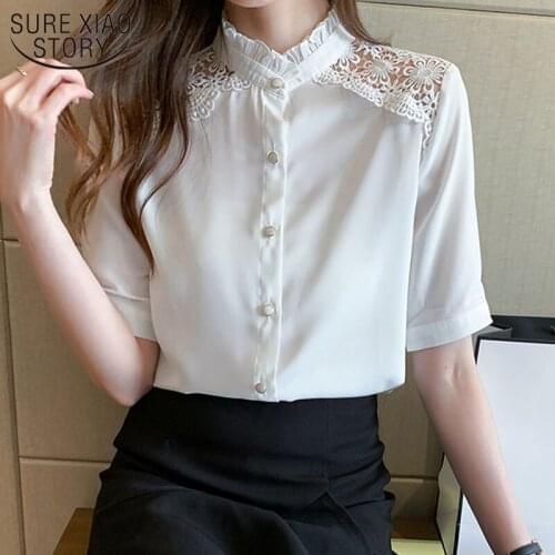 Elegant Summer Loose Blouses and Shirts Korean Lace Hollow Short Sleeve Casual OL Top Female White Chiffon Womens Shirt 15334
