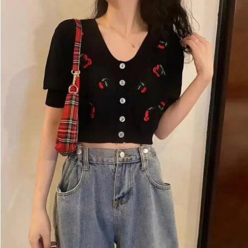 Short sleeve T-shirt Sexy V-neck embroidery 8090s plaid shirt cardigan women short slim harajuku top Knitted T-shirt y2k tops