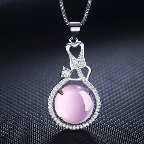 Natural Pink Jade Chalcedony Round Pendant Agate 925 Silver Necklace Fashion Charm Jewelry Carved Amulet Gifts for Her Women