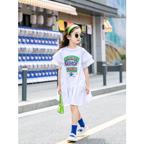 Summer Cotton Dresses Girl Fashion Print Little Girls Petal Sleeve White Kids Dress 5 6 8 10 12 years old