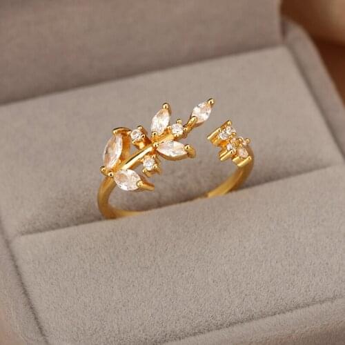 Fashion Gold Color Zircon Leaves flower Stud Rings For Women Stainless Steel Simple Exquisite Jewelry Wedding Girl Friend Gift