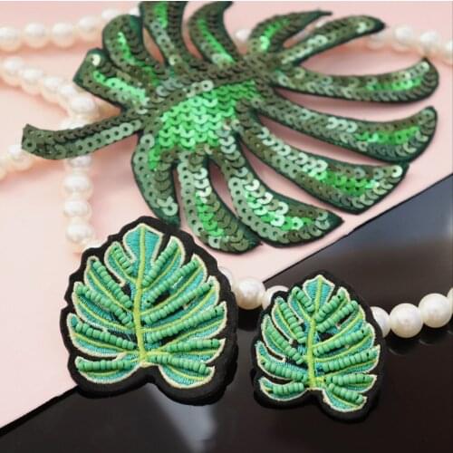 Sequins Leaf Patch Embroidery Hand Sewed Beads Cheap Patches For Clothing Jeans Jacket Cap Green Leaf Applique Badges DIY