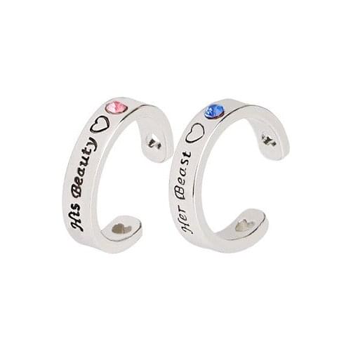 Wholesale 20pairs/lot Loving Heart Rhinstone Couple Ring her beast his beauty Letter Finger Ring